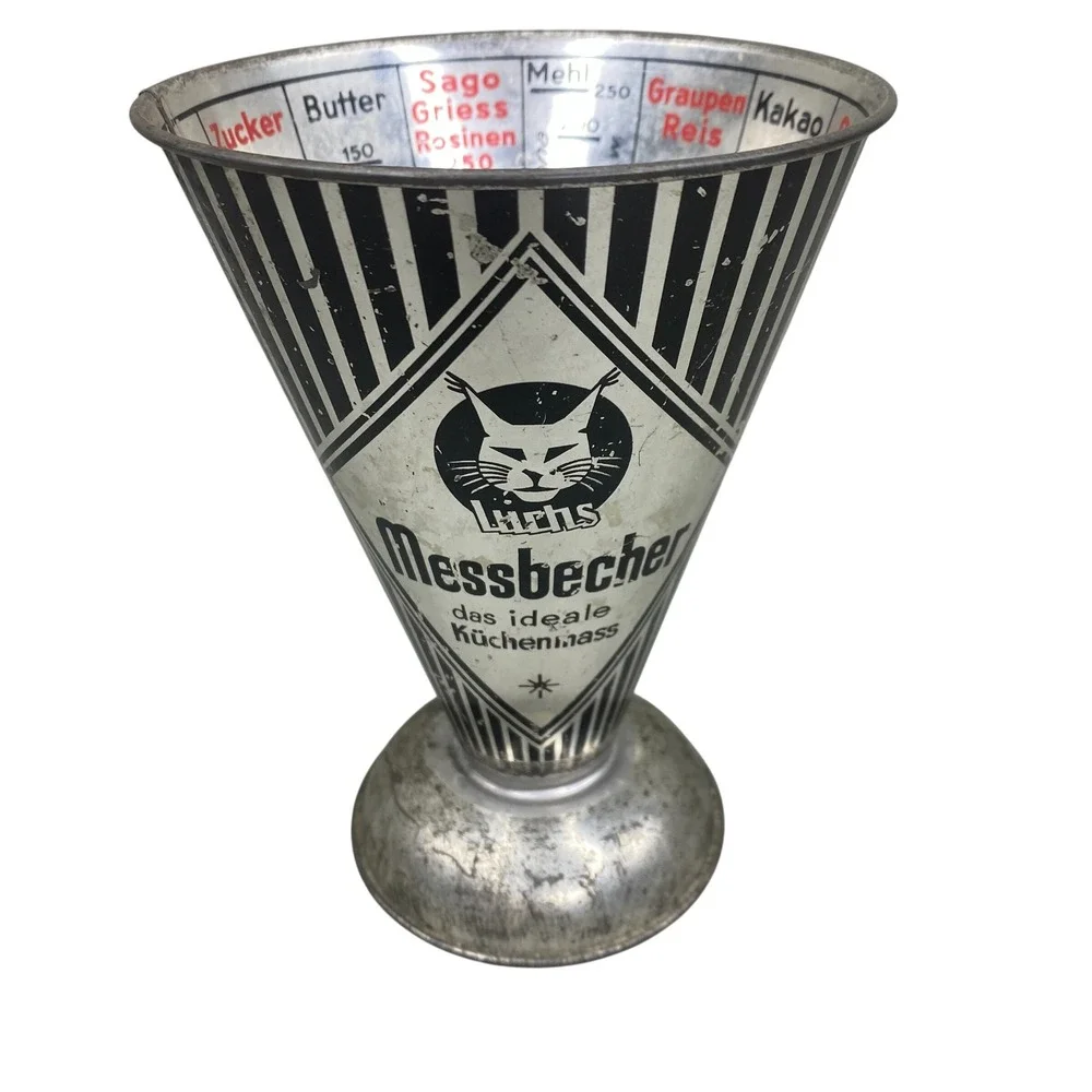 VTG Luchs Messbecher Measuring‎ Cup Silver Black Art Deco Graphic 1950's 6x4.5